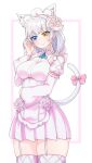  1girl absurdres adjusting_hair animal_ears apron blue_eyes bow braid breasts cat_ears cat_girl cat_tail commission dress flower garter_straps grey_hair heterochromia highres last_origin maid_headdress medium_breasts medium_hair noonnoon531 perrault_(last_origin) pink_dress pixiv_commission rose smile solo tail tail_bow tail_ornament thighhighs white_flower white_rose yellow_eyes zettai_ryouiki 