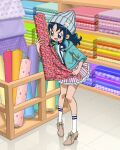  1girl :d artist_request beanie blue_eyes blue_hair casual commentary english_commentary eyelashes happy hat heartcatch_precure! highres kurumi_erika official_art open_mouth precure precure_connection_puzzlun shopping smile socks solo standing third-party_source 