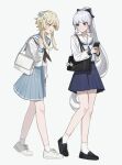  2girls :d alternate_costume bag black_bag black_footwear black_neckerchief blonde_hair blue_eyes blue_hair blue_neckerchief blue_sailor_collar blue_skirt blunt_tresses cellphone cjsdh1000 closed_mouth commentary_request flower genshin_impact hair_ribbon highres holding holding_phone kamisato_ayaka kamisato_ayaka_(heytea) light_blue_hair loafers long_hair long_sleeves looking_at_another lumine_(genshin_impact) multiple_girls neckerchief official_alternate_costume phone pleated_skirt ponytail ribbon sailor_collar school_bag school_uniform serafuku shoes short_hair_with_long_locks simple_background skirt smartphone smile sneakers socks tress_ribbon very_long_hair white_background white_bag white_flower white_footwear white_sailor_collar white_socks yellow_eyes 