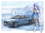  1girl black_thighhighs blue_eyes blue_hair blue_skirt boots capelet car car_interior flat_chest grey_capelet grey_footwear hi_fumiyo high-waist_skirt highres long_hair motor_vehicle original personification peugeot peugeot_306 ribbed_sweater shadow signature skirt smile solo spoiler_(automobile) sweater thighhighs traditional_media vehicle_and_personification vehicle_focus very_long_hair white_sweater 
