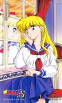  1990s_(style) 1girl absurdres aino_minako bishoujo_senshi_sailor_moon blonde_hair blue_eyes blue_sailor_collar blue_skirt bow earrings hair_bow head_rest highres indoors itou_ikuko jewelry logo long_hair long_skirt long_sleeves looking_outside looking_to_the_side neckerchief non-web_source official_art on_chair red_bow red_neckerchief reflection retro_artstyle sailor_collar school_uniform serafuku shiba_koen_middle_school_uniform shirt sitting skirt skirt_hold solo stud_earrings white_shirt window 