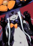  1girl abigail_williams_(fate) abigail_williams_(third_ascension)_(fate) bare_shoulders black_bow black_headwear blush bow breasts claw_pose colored_skin fate/grand_order fate_(series) forehead grin hair_bow hat highres keyhole long_hair looking_at_viewer mightyjump98 navel orange_bow parted_bangs polka_dot polka_dot_bow red_background red_eyes sharp_teeth small_breasts smile solo teeth third_eye white_hair white_skin witch_hat 