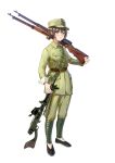  1girl absurdres belt black_footwear blush breasts brown_belt brown_hair chinese_commentary closed_mouth collared_jacket flat_cap flats full_body green_headwear green_jacket green_pants gun hat highres holding holding_gun holding_weapon jacket kuomintang long_sleeves looking_at_viewer low_ponytail military military_jacket military_uniform national_revolutionary_army original over_shoulder pants puttee short_hair short_ponytail simple_background small_breasts smile solo tuziki_sang uniform weapon weapon_over_shoulder weapon_request white_background yellow_eyes 