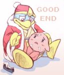  anthro ayato bandage beak blue_body blue_eyes blue_feathers brown_eyes clothing detailed_background duo english_text feathers gradient_background healing king_dedede kirby kirby_(series) male nintendo on_lap orange_clothing orange_shirt orange_topwear red_clothing red_robe robe shadow shirt simple_background sitting sitting_on_lap tape text topwear yellow_beak 