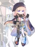  1girl assault_rifle beanie black_scarf blonde_hair boots breasts brown_coat brown_hair clenched_hand cloak closed_mouth coat fanny_pack fn_scar fn_scar_16 girls&#039;_frontline green_skirt gun hat hexaa highres holding holding_dog_tags holding_weapon knee_pads looking_at_viewer medium_breasts optical_sight pantyhose purple_eyes rifle scar-l_(girls&#039;_frontline) scarf shirt shirt_tucked_in skirt smile solo_focus suppressor weapon white_pantyhose white_shirt 