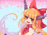  1girl blush_stickers bow cherry_blossoms hair_bow horns ibuki_suika kumamoto_(bbtonhk2) long_hair lowres oni_horns open_mouth orange_eyes orange_hair petals pixel_art pointy_ears red_bow shirt sidelocks smile solo spring_(season) touhou upper_body white_shirt 