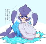  1girl blowhole blue_hair blue_whale_(kemono_friends) blush cetacean_tail dorsal_fin embarrassed fins fish_tail flying_sweatdrops grey_hair grey_sweater head_fins highres kemono_friends long_sleeves multicolored_hair nuhehhow partially_submerged puffy_sleeves semi-rimless_eyewear solo sweatdrop sweater tail translation_request turtleneck turtleneck_sweater water whale_girl 