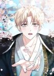  1boy bishounen blonde_hair blurry blurry_background blush cherry_blossoms collarbone debwi_mos_hamyeon_jugneun_byeong_geollim hanbok highres korean_clothes looking_up male_focus open_mouth parted_bangs seon_ahyun seooooona short_hair solo upper_body yellow_eyes 