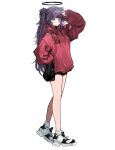 absurdres alternate_costume arm_up bag blue_archive blue_eyes blush cross-laced_footwear full_body hair_intakes hair_rollers halo highres holding holding_bag hood hoodie looking_at_viewer movik purple_hair red_hoodie red_pupils short_shorts shorts sweatdrop twintails walking white_background yuuka_(blue_archive) 