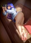  1girl absurdres ass bare_legs barefoot blue_hair breasts cellphone feet full_body green_eyes highres holding holding_phone kairunoburogu large_breasts legs long_hair looking_at_phone phone soles solo toes 