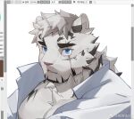  1boy animal_ears arknights art_program_in_frame bara blue_eyes furry furry_male large_pectorals male_focus mountain_(arknights) muscular muscular_male parted_lips pectoral_cleavage pectorals portrait scar scar_across_eye short_hair solo thick_eyebrows tiger_boy tiger_ears white_fur white_hair xian_goutou_hz 