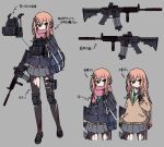  1girl arrow_(symbol) assault_rifle bag black_footwear black_gloves black_jacket black_pantyhose blazer blush brown_hair brown_sweater closed_mouth commentary_request den_noko flower fringe_trim gloves green_necktie grey_background grey_eyes grey_skirt gun hair_between_eyes hair_flower hair_ornament highres holding holding_gun holding_weapon jacket loafers long_sleeves m4_carbine multiple_views necktie original pantyhose pink_flower pink_scarf pleated_skirt rifle rust scarf school_bag school_uniform shoes simple_background skirt sleeves_past_wrists sweater tactical_clothes torn_clothes torn_pantyhose translation_request vest weapon 