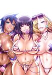  3girls aqua_eyes areola_slip belt bikini black_hair blonde_hair blue_eyes blunt_bangs bra breasts chiba_toshirou choker cleavage condom condom_wrapper cross_pasties dark-skinned_female dark_skin earrings eyeliner eyewear_on_head gradient_hair grin highres jewelry large_breasts makeup multicolored_hair multiple_girls navel necklace nipples original panties pasties pink_hair purple_bra purple_hair purple_panties ring see-through smile sunglasses swimsuit underwear white_bikini 