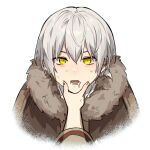  1boy brown_coat cloak coat fumetsu_no_anata_e fur-trimmed_cloak fur_trim fushi highres looking_at_viewer male_focus nanin short_hair simple_background upper_body white_hair yellow_eyes 