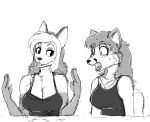  2023 anthro black_and_white bragging breasts canid canine canis clothed clothing digital_media_(artwork) dripdry duo eyeliner eyeshadow female hair herro hi_res jackal long_hair looking_at_another makeup mammal monochrome open_mouth shocked_expression 