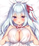  1girl :p animal_ears blue_hair blush boku_no_risou_no_isekai_seikatsu braid breast_hold breast_press breasts cleavage cleavage_cutout clothing_cutout covered_nipples hair_ribbon large_breasts light_blue_hair looking_at_viewer lying medium_hair rabbit_ears rabbit_girl rabimea_(ichiri) ribbon sazaki_ichiri single_braid solo solo_focus tongue tongue_out 