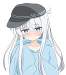  1girl alternate_costume black_headwear blue_eyes blue_sweater blush flat_cap hat hibiki_(kancolle) highres hood hooded_sweater kantai_collection long_hair nose_blush shirasu_(sirasuillust) simple_background sleeves_past_fingers sleeves_past_wrists solo sweater upper_body white_background white_hair 