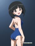  1girl ass black_hair blue_background blue_one-piece_swimsuit blush breasts brown_eyes dated girls_und_panzer gotou_moyoko highres looking_at_viewer medium_breasts naotosi one-piece_swimsuit open_mouth short_hair shoulder_blades simple_background smile solo standing swimsuit 
