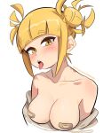  1girl absurdres areola_slip bandaid bandaids_on_nipples blonde_hair blush boku_no_hero_academia breasts dashi double_bun hair_bun highres looking_at_viewer messy_hair open_mouth pasties short_hair simple_background solo toga_himiko topless upper_body white_background yellow_eyes 