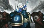  1girl 3boys absurdres adeptus_astartes advarcher armor artist_name blue_dress blurry blurry_background bob_cut bolter cowboy_shot crossover dress english_commentary fins fish_tail full_body gawr_gura grey_hair gun helmet highres holding holding_gun holding_trident holding_weapon hololive hololive_english long_sleeves medium_hair meme multiple_boys pauldrons power_armor shark_girl shark_tail sharp_teeth shoulder_armor smile smol_gura space_marine standing tail teeth upper_body virtual_youtuber warhammer_40k weapon 