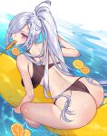  1girl alternate_costume ass bare_shoulders bikini black_tank_top breasts commentary_request food food_in_mouth fruit genshin_impact gradient_eyes hair_over_one_eye high_ponytail highres inflatable_raft lemon long_hair looking_at_viewer medium_breasts multicolored_eyes orange_sekaii pool purple_eyes sausage shenhe_(genshin_impact) solo swimsuit tank_top very_long_hair water white_hair 