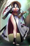  1girl baiken baiken_(cosplay) breasts brown_hair clash_kuro_neko cleavage cosplay facing_viewer fire_emblem fire_emblem_fates full_body guilty_gear guilty_gear_xrd hair_over_one_eye hat highres japanese_clothes kagero_(fire_emblem) katana large_breasts long_hair long_legs looking_at_viewer plunging_neckline ponytail sandals sheath sheathed solo straw_hat sword thighs weapon wide_sleeves yellow_eyes 