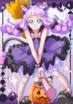  1girl ahoge alternate_costume animal_ears bell black_bow blue_eyes bow broom broom_riding cat_ears cure_majesty dress fake_animal_ears grin hair_bow halloween halloween_bucket halloween_costume hanzou highres hirogaru_sky!_precure long_hair looking_at_viewer pink_bow pink_hair precure purple_dress shorts shorts_under_dress smile solo twintails very_long_hair white_shorts wrist_cuffs 