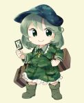  1girl blush boots camouflage camouflage_shirt camouflage_skirt chibi collared_shirt full_body green_eyes holding jewelry key_necklace light_green_hair long_sleeves necklace pocket ruichi_fox shirt skirt smile solo touhou white_background yamashiro_takane 