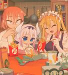  3girls :d beads blonde_hair blue_dress blue_eyes breasts brown_eyes cheburashka closed_mouth commentary cup derivative_work dragon_girl dragon_horns dress dress_shirt english_commentary fang food french_fries glasses gloves hair_beads hair_ornament highres holding holding_food horns indoors kanna_kamui kobayashi-san_chi_no_maidragon kobayashi_(maidragon) krokobyaka large_breasts long_hair long_sleeves maid_headdress multiple_girls necktie open_mouth pinafore_dress purple_hair red_hair red_necktie shirt short_hair sleeveless sleeveless_dress smile tohru_(maidragon) twintails vkusno_i_tochka white_gloves white_shirt yellow_necktie yoru_mac 