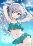  1girl arm_behind_head arms_up ayamiyuki bikini black_ribbon blue_sky breasts cloud frilled_bikini frills green_bikini grey_hair hair_ribbon highres kantai_collection kasumi_(kancolle) long_hair navel official_alternate_costume outdoors ribbon side_ponytail sky small_breasts smile solo sun_glare swimsuit yellow_eyes 
