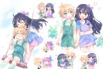  +_+ 1boy 1girl animal_ears aubrey_(faraway)_(omori) aubrey_(omori) basil_(faraway)_(omori) basil_(omori) black_eyes black_hair blonde_hair blue_eyes blue_shirt blush bow closed_eyes closed_mouth green_eyes green_overalls hair_bow highres holding holding_mirror holding_stuffed_toy holding_watering_can kemonomimi_mode long_hair mirror ocometogohan omori open_mouth overall_shorts overalls pink_bow pink_footwear pink_hair rabbit_ears shirt short_hair smile socks stuffed_eggplant stuffed_toy translation_request watering_can white_socks 