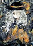  1girl abstract_background anabone black_headwear black_skirt buttons closed_mouth commentary diamond_button english_commentary eyeball green_eyes grey_hair hat hat_ribbon komeiji_koishi light_smile long_hair long_sleeves looking_at_viewer ribbon shirt skirt solo straight-on third_eye touhou yellow_ribbon yellow_shirt 