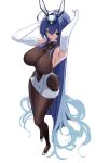  1boy ;p absurdly_long_hair absurdres armpits arms_up azur_lane bare_shoulders blue_eyes blue_hair bodystocking breasts c_n_s_m covered_navel crossed_bangs elbow_gloves from_above full_body glance gloves hair_between_eyes hair_ornament highres large_breasts long_hair looking_at_viewer looking_up miniskirt new_jersey_(azur_lane) one_eye_closed shoes simple_background skirt solo tongue tongue_out very_long_hair white_background white_footwear white_gloves white_skirt 