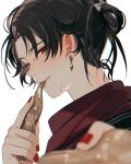  1boy alternate_hairstyle black_hair blurry closed_mouth depth_of_field earrings eating eyelashes from_side hair_rings hands_up highres holding incoming_food jewelry kashuu_kiyomitsu looking_at_viewer male_focus mole mole_under_mouth nail_polish parted_bangs reaching reaching_towards_viewer red_eyes red_nails red_scarf scarf sideways_glance simple_background smile solo sweat touken_ranbu updo white_background yamada_chickenko 