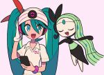  1girl :d beanie bracelet collared_shirt commentary_request crossover eyelashes gloves green_eyes green_hair hair_between_eyes hand_up happy hat hatsune_miku holding jewelry long_hair meloetta open_mouth pokemon pokemon_(creature) shirt short_sleeves smile tongue twintails tyako_089 vocaloid white_gloves white_headwear white_shirt 