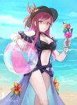  1girl ball bare_shoulders beachball black_headwear blue_sky clothing_cutout cloud commentary_request cowboy_shot cup day fire_emblem fire_emblem_engage fire_emblem_heroes flower highres holding holding_cup ivy_(fire_emblem) kaphrin long_hair looking_at_viewer ocean official_alternate_costume one-piece_swimsuit orange_flower purple_eyes purple_hair sidelocks sky smile solo standing stomach stomach_cutout swimsuit thighs very_long_hair water 
