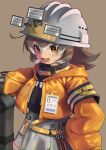  1girl absurdres arknights armband black_sweater brown_background brown_eyes brown_hair cement_(arknights) hard_hat helmet highres jacket orange_jacket shield shiowasabi_teishoku skirt sleeves_past_fingers sleeves_past_wrists sweater 