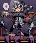  1girl :d absurdres arm_behind_head armor black_gloves black_thighhighs blush breasts brown_eyes chain commission fate/grand_order fate_(series) ga320aaa gauntlets gloves grey_hair heart helmet high_heels highres jeanne_d&#039;arc_alter_(avenger)_(fate) jeanne_d&#039;arc_alter_(fate) pixiv_commission short_hair sitting smile solo spoken_heart spread_legs teeth thighhighs 
