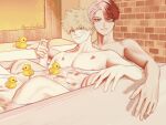  2boys abs bakugou_katsuki bath bathing bird blonde_hair blue_eyes boku_no_hero_academia duck grey_eyes heterochromia highres male_focus multicolored_hair multiple_boys muscular muscular_male nude peachnohere red_eyes red_hair scar short_hair todoroki_shouto two-tone_hair white_hair yaoi 