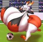  anthro ball big_breasts big_butt blues64 blush bottomwear bra breasts butt clothing dipstick_ears female generation_8_pokemon hair hi_res huge_breasts huge_butt huge_hips huge_thighs hyper hyper_breasts hyper_butt jacket marauder6272 multicolored_ears nintendo open_mouth pokemon pokemon_(species) red_eyes scorbunny shorts soccer_ball solo thick_thighs topwear underwear white_body white_hair wide_hips 