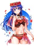  1girl absurdres ass_visible_through_thighs bikini blue_eyes blue_hair breasts cleavage cloud commentary cropped_legs fire_emblem fire_emblem:_the_binding_blade fire_emblem_heroes flower flower_wreath grin hair_flower hair_ornament highres lilina_(fire_emblem) lilina_(summer)_(fire_emblem) long_hair looking_at_viewer medium_breasts official_alternate_costume red_bikini smile swimsuit teeth tsukimura_(d24f4z8j3t) 