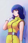  1girl against_wall belt black_hair blue_eyes breasts cowboy_shot dress fa_yuiry gloves gradient_background gundam highres looking_at_viewer medium_breasts medium_hair moroboshi_danshaku purple_background sleeveless sleeveless_jacket smile solo uniform white_background white_gloves yellow_dress zeta_gundam 