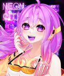  1girl blush colored_tongue drooling energy_drink goggles goggles_around_neck highres holding long_hair neon_lights non-web_source orange_goggles purple_eyes purple_hair purple_tongue smile tank_top vividly_vivi white_tank_top 