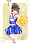  1boy banjou_azusa black_hair blush cheerleader crop_top crossdressing holding holding_pom_poms koisuru_(otome)_no_tsukurikata looking_at_viewer male_focus midriff mihate_hiura open_mouth otoko_no_ko pink_eyes pom_pom_(cheerleading) ponytail short_hair skirt solo 