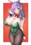  1girl animal_ears azur_lane blush bow bowtie breasts brown_pantyhose cleavage covered_navel cowboy_shot detached_collar fake_animal_ears green_leotard huge_breasts large_breasts leotard long_hair looking_at_viewer pantyhose playboy_bunny pola_(azur_lane) purple_hair rabbit_ears rabbit_tail red_background red_eyes smile strapless strapless_leotard tail tf_cafe traditional_bowtie twintails white_background wrist_cuffs 