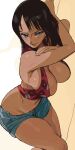  1girl absurdres black_hair blue_eyes blue_shorts breasts cowboy_shot floral_print highres large_breasts long_hair looking_at_viewer midriff navel nico_robin one_piece open_fly shorts solo whoopsatro 