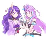  2girls anno_(bambi1103no) arm_strap blue_bow blue_hair blue_skirt bottle bow bra breasts cleavage crossover drill_hair flower genshin_impact hair_bun hair_flower hair_ornament highres holding holding_bottle japanese_clothes kimono long_hair macross macross_delta medium_breasts mikumo_guynemer multicolored_hair multiple_girls navel obi open_mouth pink_flower purple_eyes purple_flower purple_hair purple_kimono raiden_shogun sash simple_background single_hair_bun skirt smile sparkle strapless strapless_bra streaked_hair surprised underwear upper_body very_long_hair white_background white_bra white_skirt 