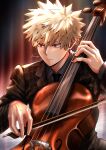  1boy absurdres bakugou_katsuki black_necktie blonde_hair boku_no_hero_academia brown_jacket brown_suit cello esora-arts grey_shirt highres holding_bow_(music) instrument jacket male_focus necktie red_eyes shirt short_hair solo spiked_hair suit 