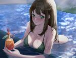  1girl ass bikini black_bikini blush breasts brown_hair cleavage cocktail cocktail_glass collarbone cup drinking_glass green_eyes highres idolmaster idolmaster_cinderella_girls large_breasts leaning_forward long_hair looking_at_viewer meraring partially_submerged shibuya_rin solo straight_hair swimsuit very_long_hair water_drop 