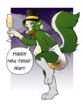  alcohol beer beverage clothing container cup diaper drinking_glass feces fireworks fur glass glass_container glass_cup green_body green_fur hat headgear headwear hi_res holidays mammal mephitid messy_diaper new_year ron_(greenpanunk) skunk soiling top_hat wine_glass xamonomax yellow_eyes 